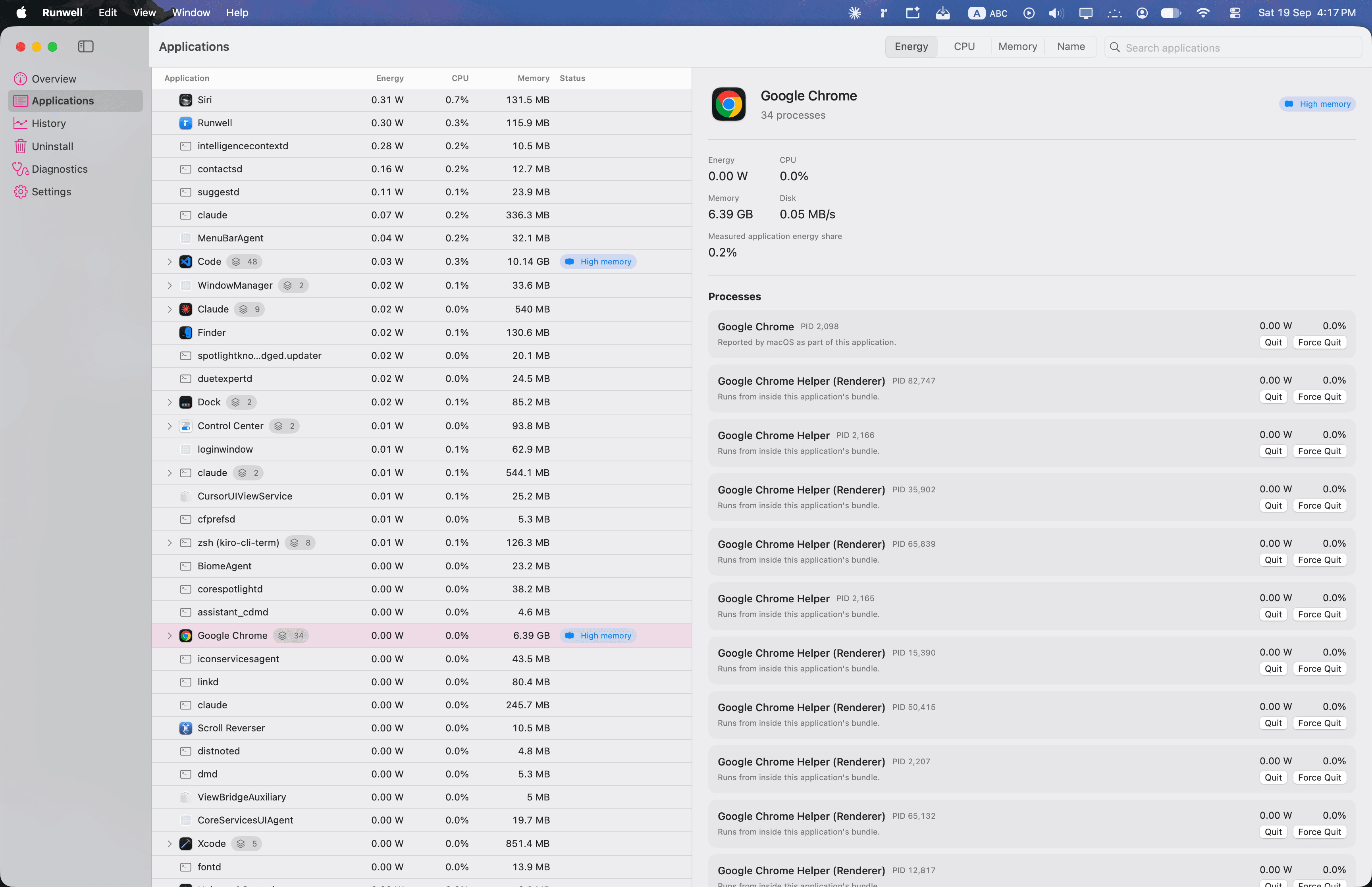 Runwell's Applications view, listing apps with their energy, CPU and memory, with Google Chrome expanded to show its 34 helper processes.