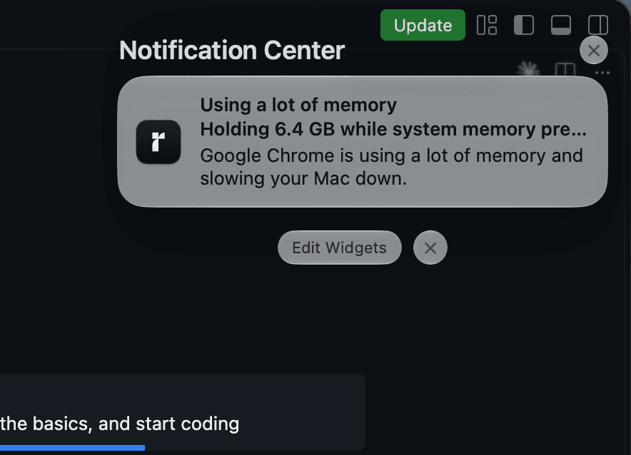 A Runwell notification reading “Using a lot of memory — Google Chrome is using a lot of memory and slowing your Mac down.”